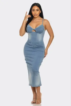 Summer Denim Knee Length Dress Spaghetti Straps