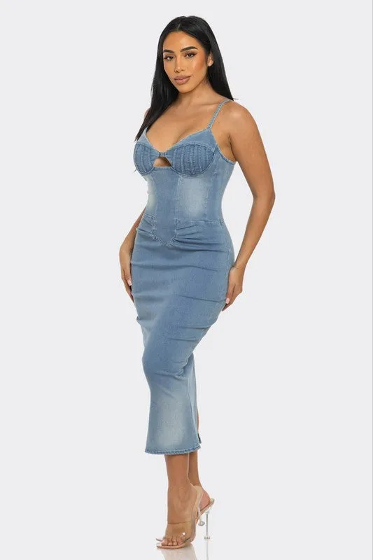 Summer Denim Knee Length Dress Spaghetti Straps