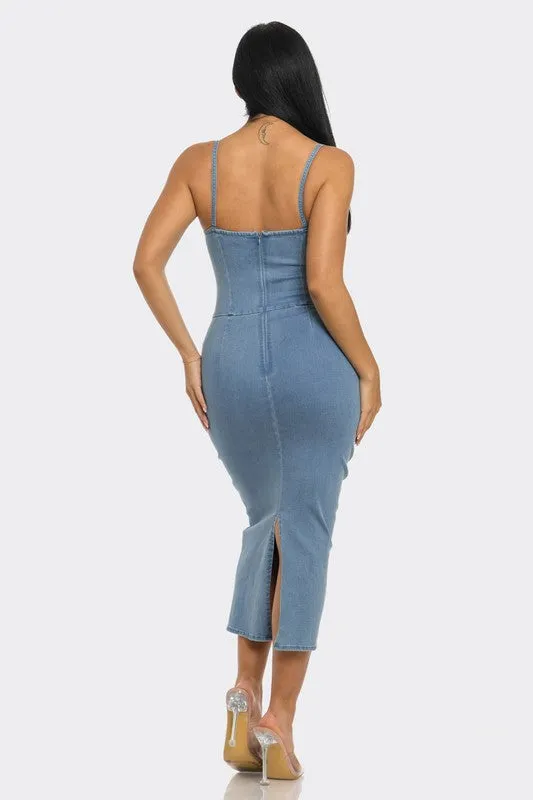 Summer Denim Knee Length Dress Spaghetti Straps
