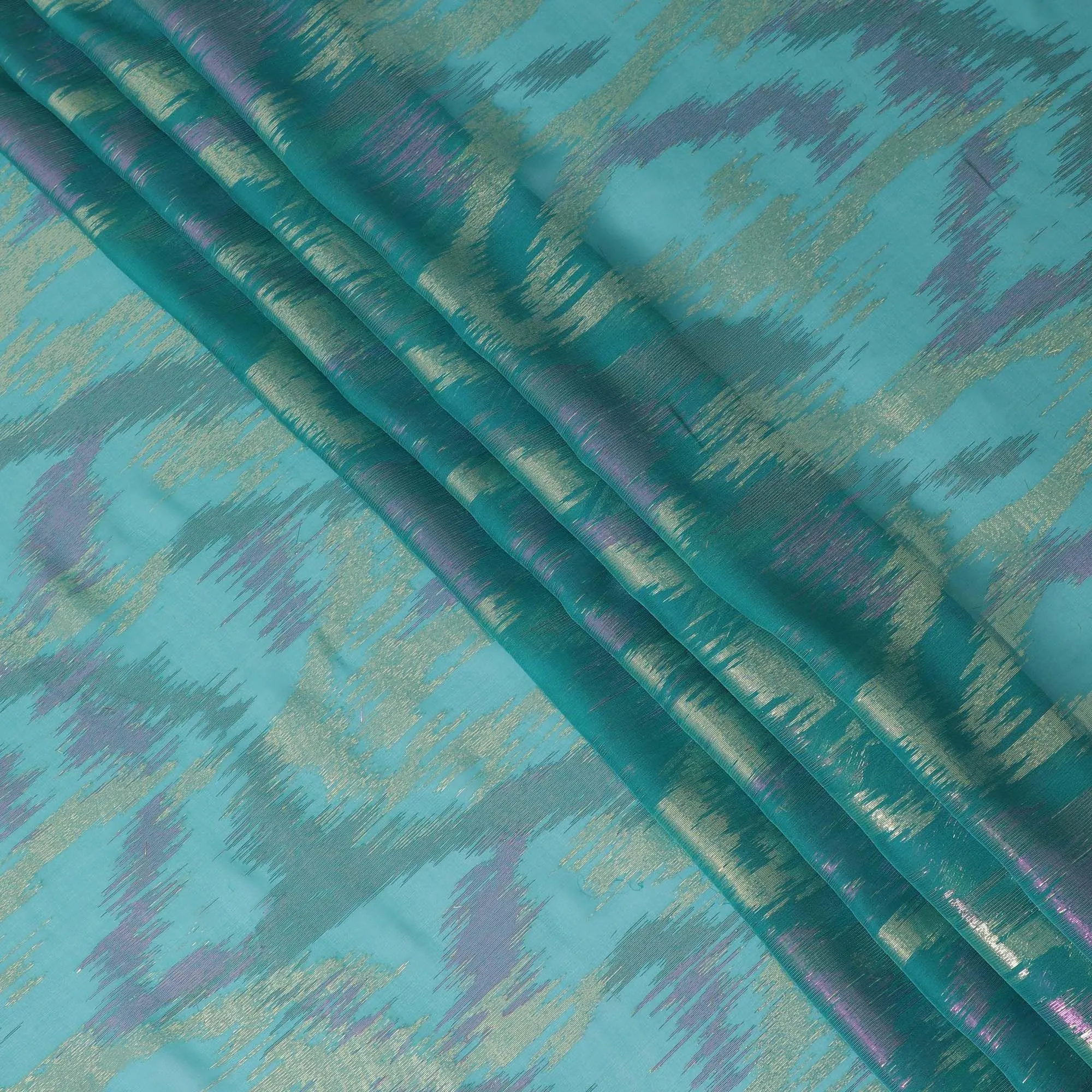 Teal green Premium pure silk chiffon fabric with gold and pink metallic lurex in abstract design-D12315