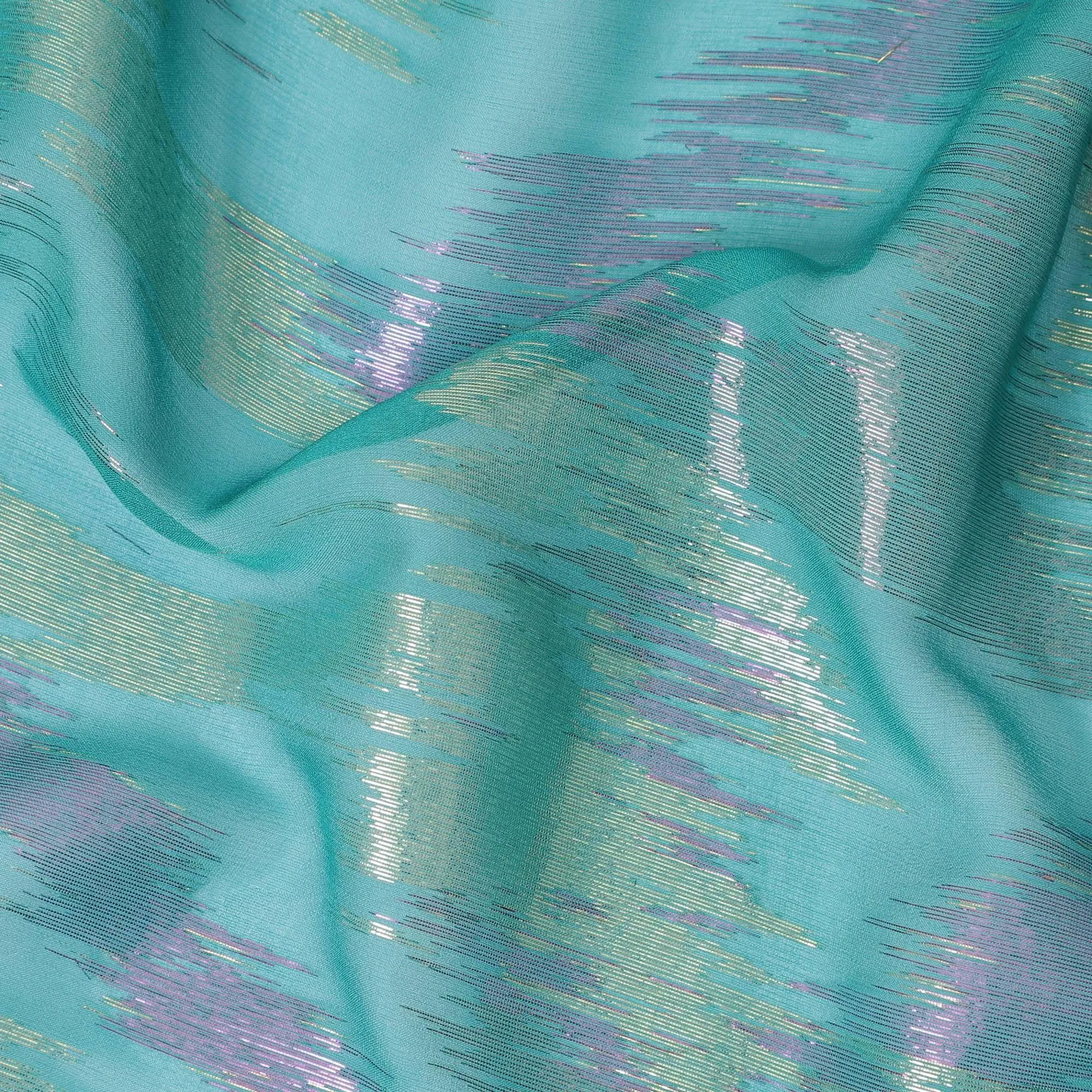 Teal green Premium pure silk chiffon fabric with gold and pink metallic lurex in abstract design-D12315