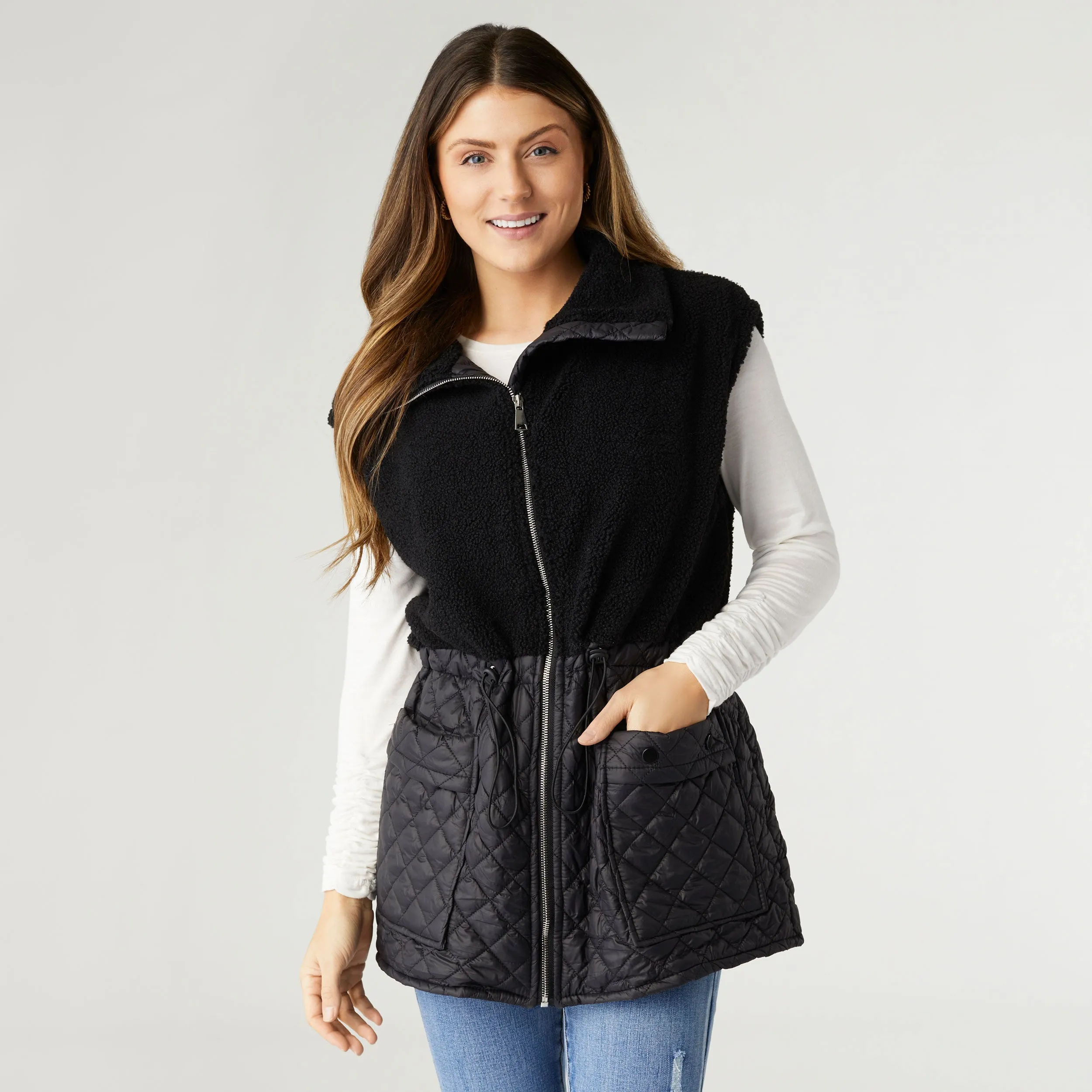 Tipper Mixed Sherpa Quilted Nylon Vest - Black - Final Sale