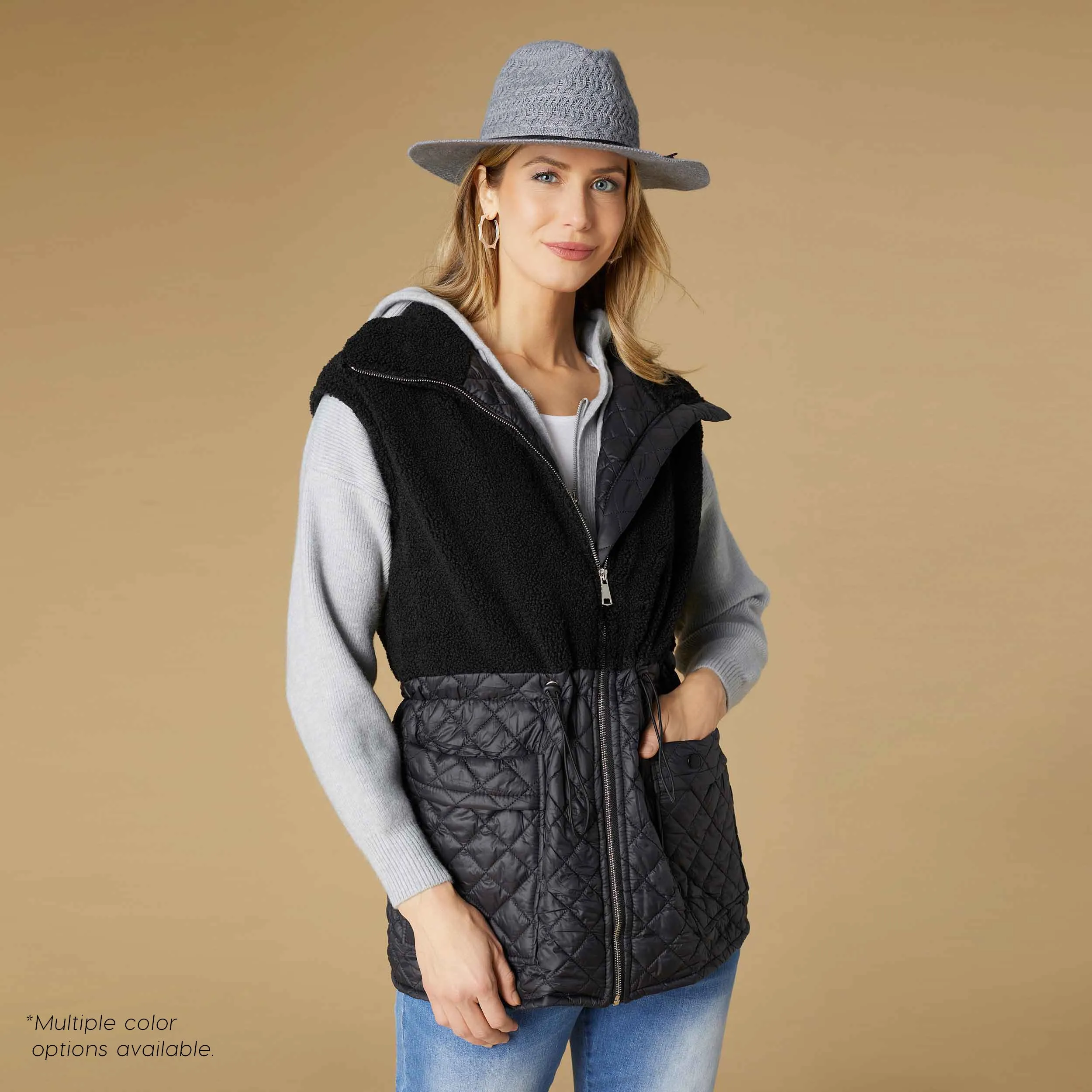 Tipper Mixed Sherpa Quilted Nylon Vest - Black - Final Sale
