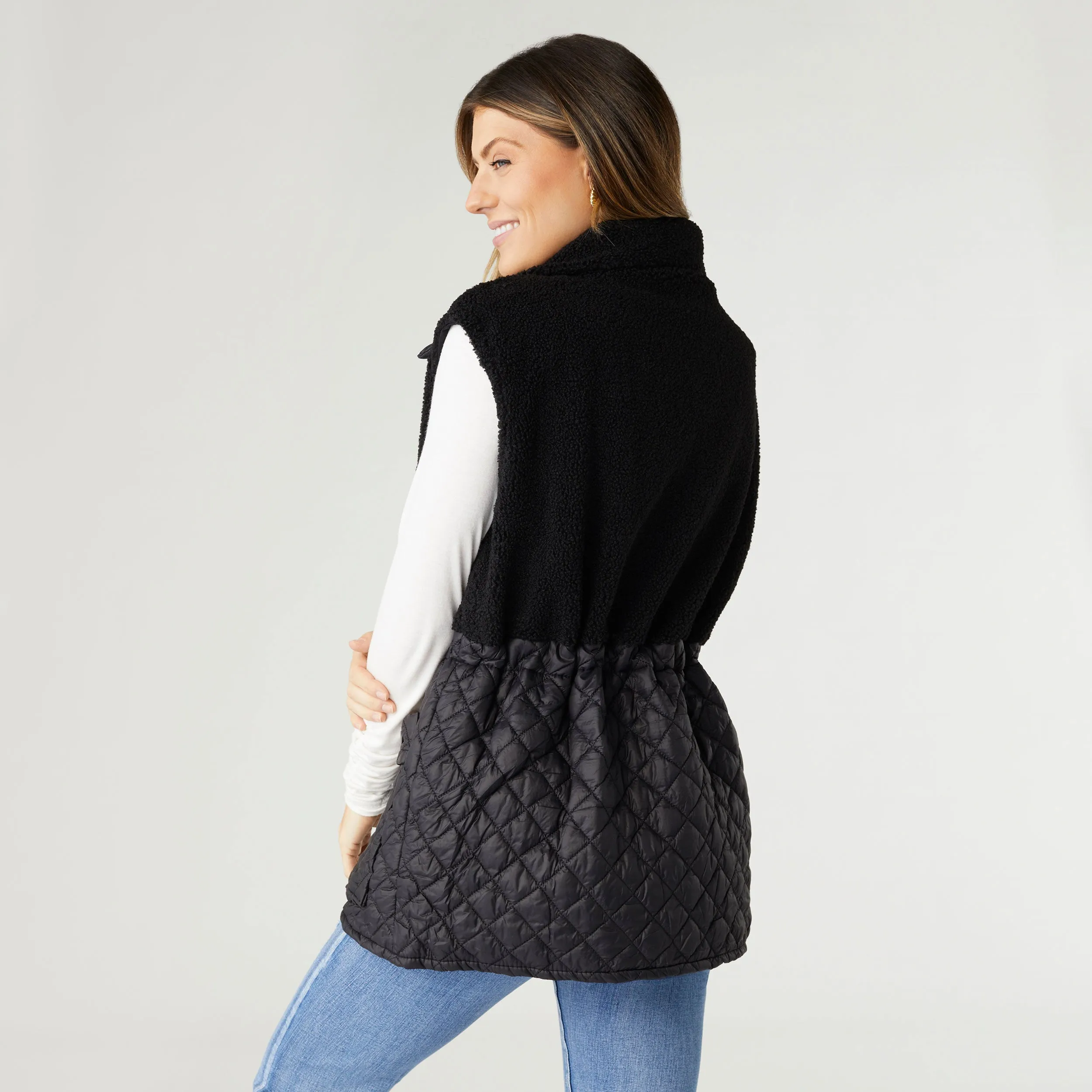 Tipper Mixed Sherpa Quilted Nylon Vest - Black - Final Sale
