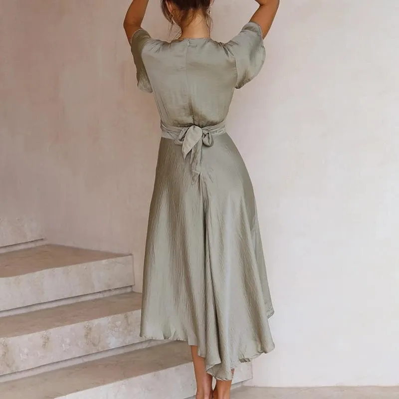 V NECK SATIN RUFFLED MAXI DRESS