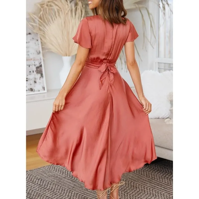 V NECK SATIN RUFFLED MAXI DRESS