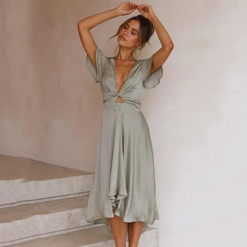 V NECK SATIN RUFFLED MAXI DRESS