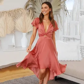 V NECK SATIN RUFFLED MAXI DRESS