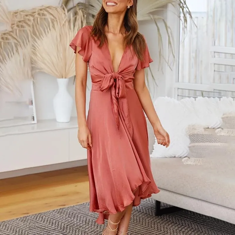 V NECK SATIN RUFFLED MAXI DRESS