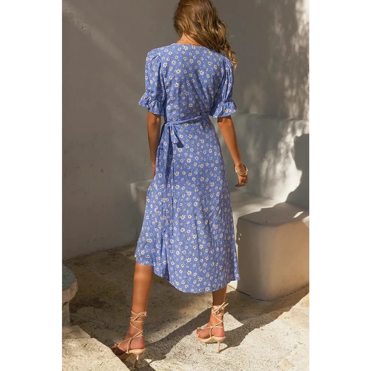 V-NECK VINTAGE FLARE SLEEVE MIDI DRESS