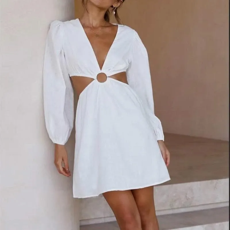 VINTAGE HOLLOW OUT V-NECK SLIM MINI DRESS