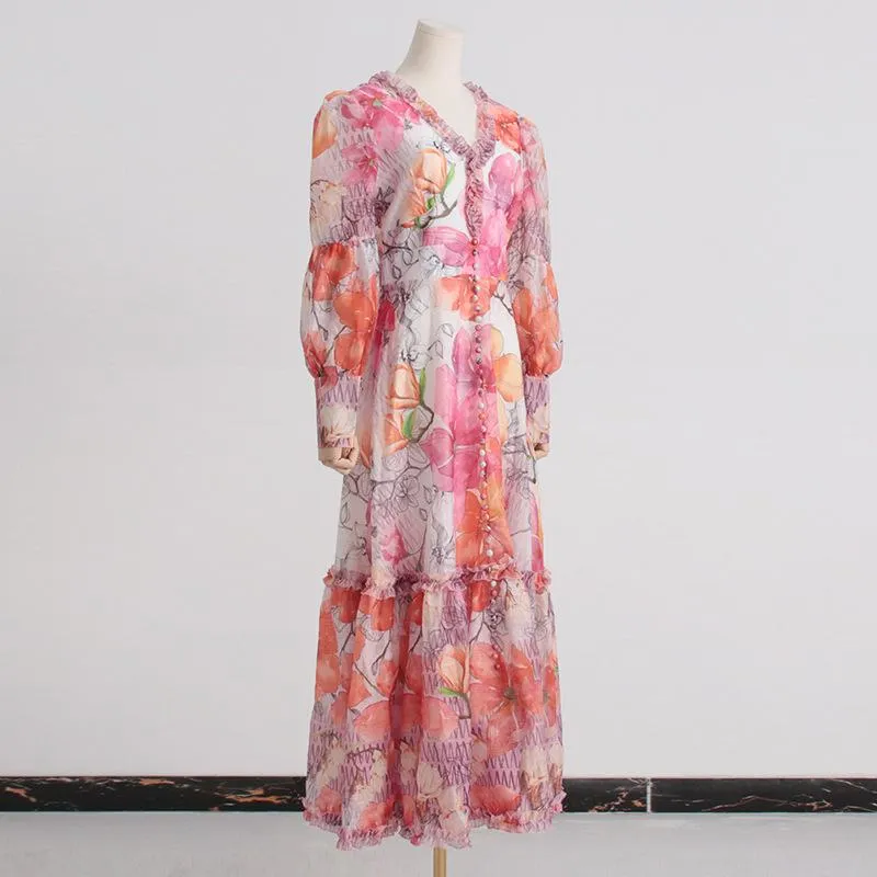 Vintage print V-neck lantern sleeve dress