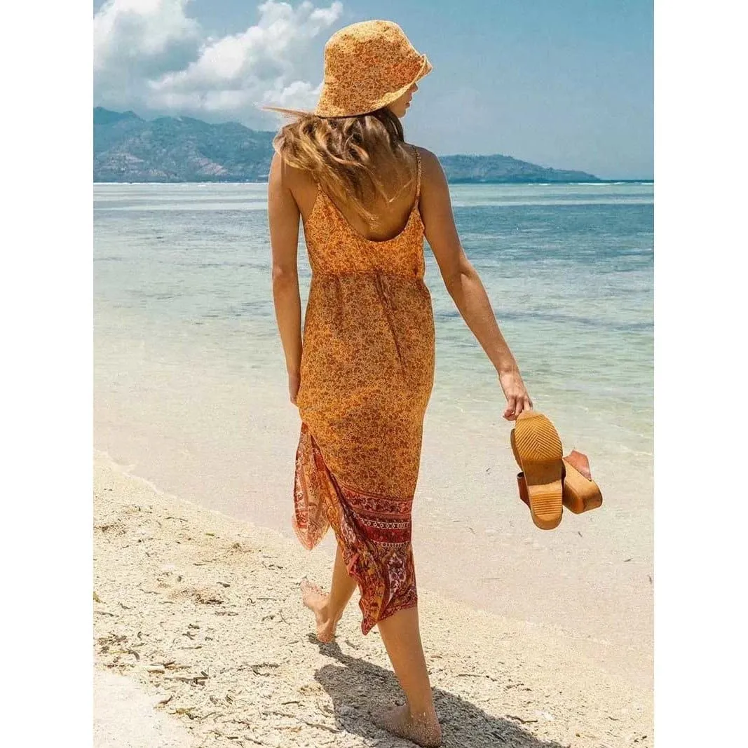 VINTAGE SIDE SPLIT BOHO BEACH MIDI DRESS