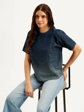 Women's Ombre Blue Round Neck Top