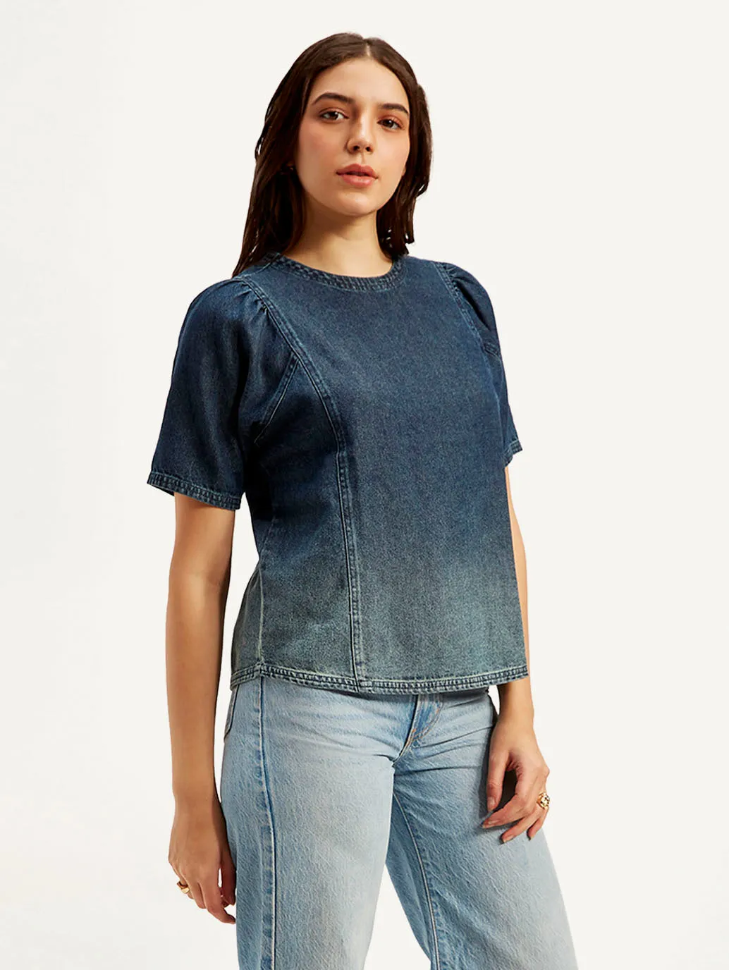 Women's Ombre Blue Round Neck Top