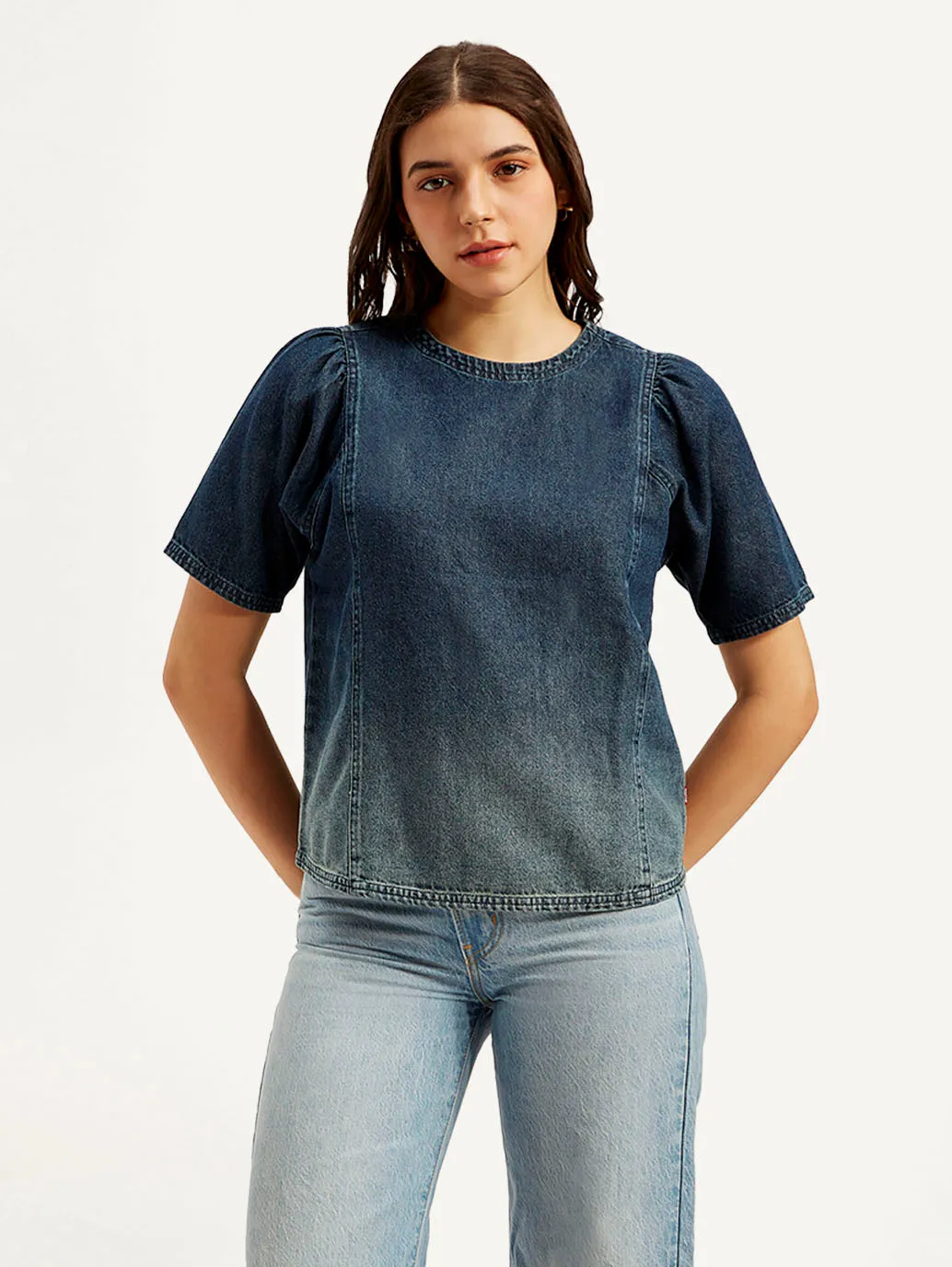 Women's Ombre Blue Round Neck Top