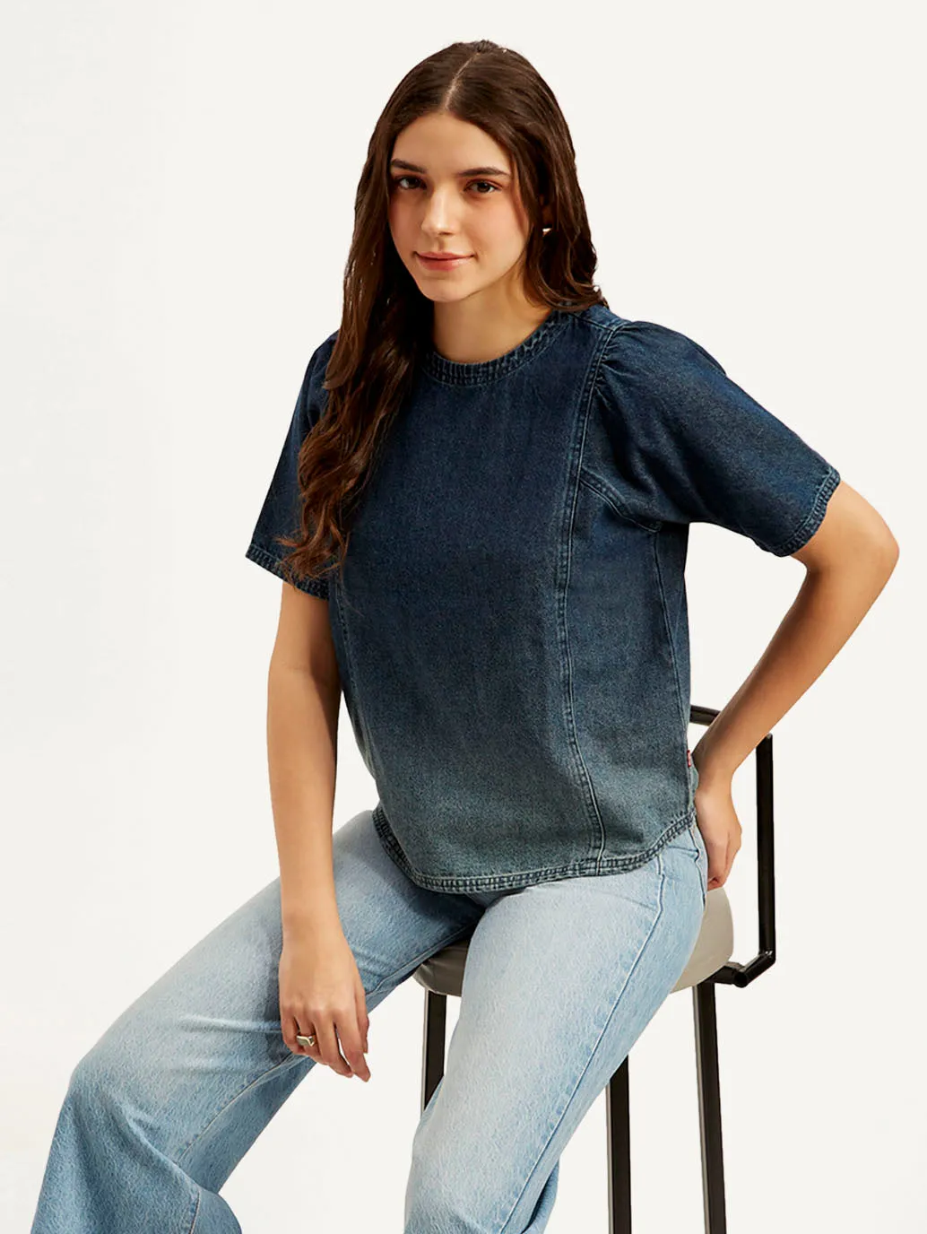 Women's Ombre Blue Round Neck Top