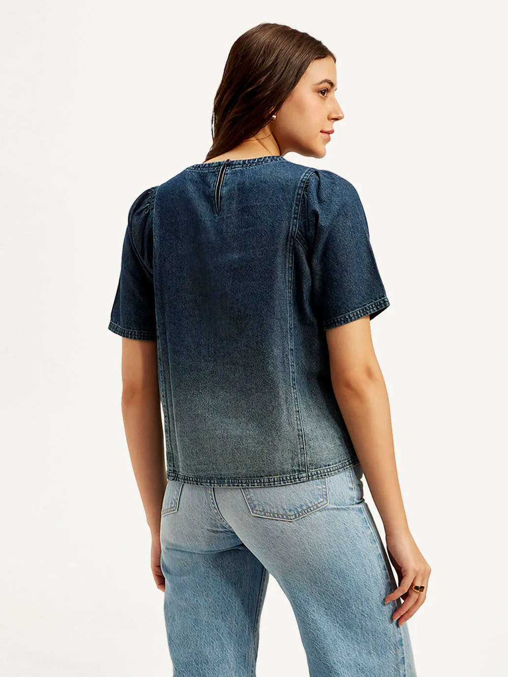 Women's Ombre Blue Round Neck Top