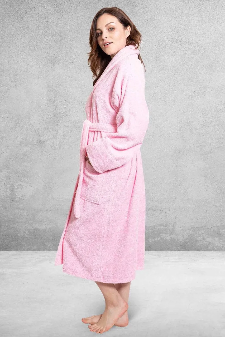 Women's Terry Cloth Cotton Turkish Shawl Collar Bathrobe, Luxurious & Lightweight, (Pink)