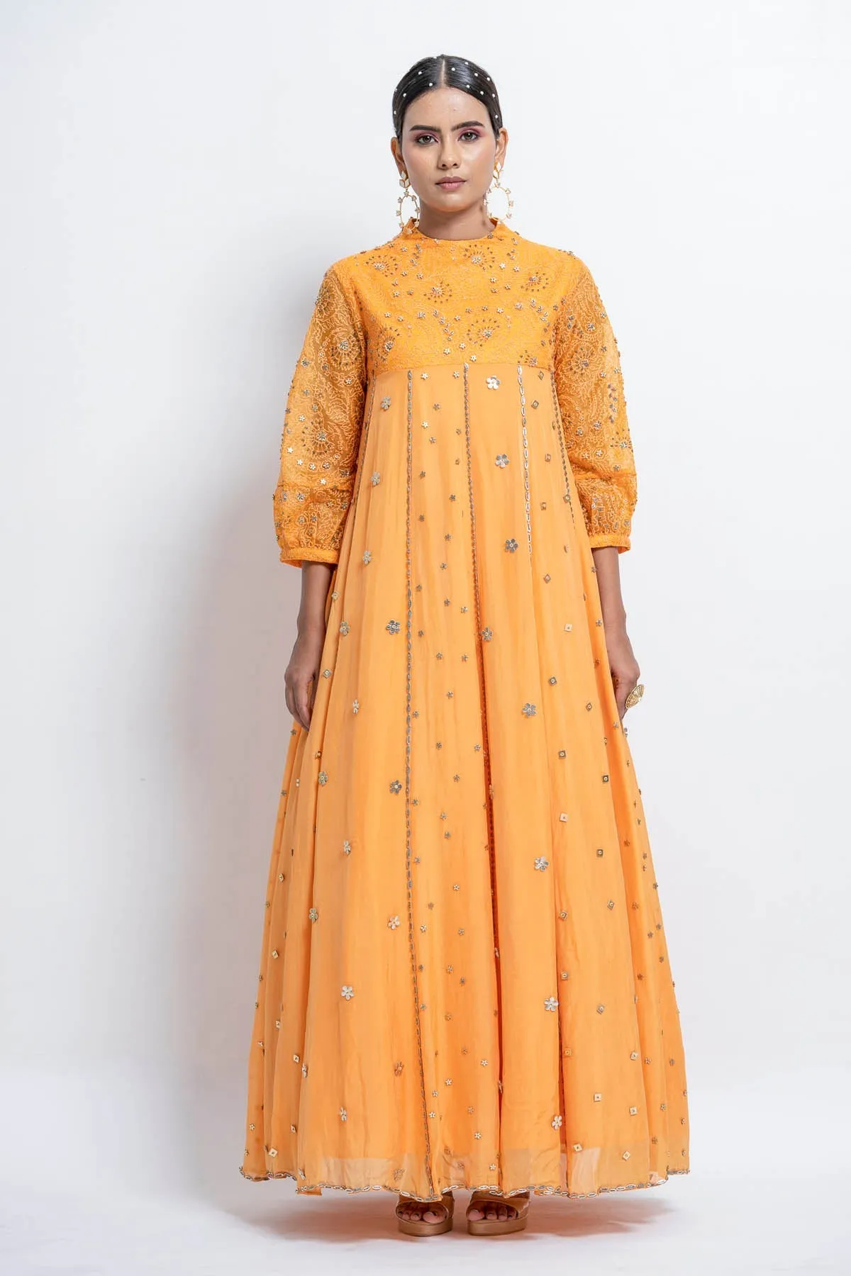 Yellow Embroidered Flared Gown